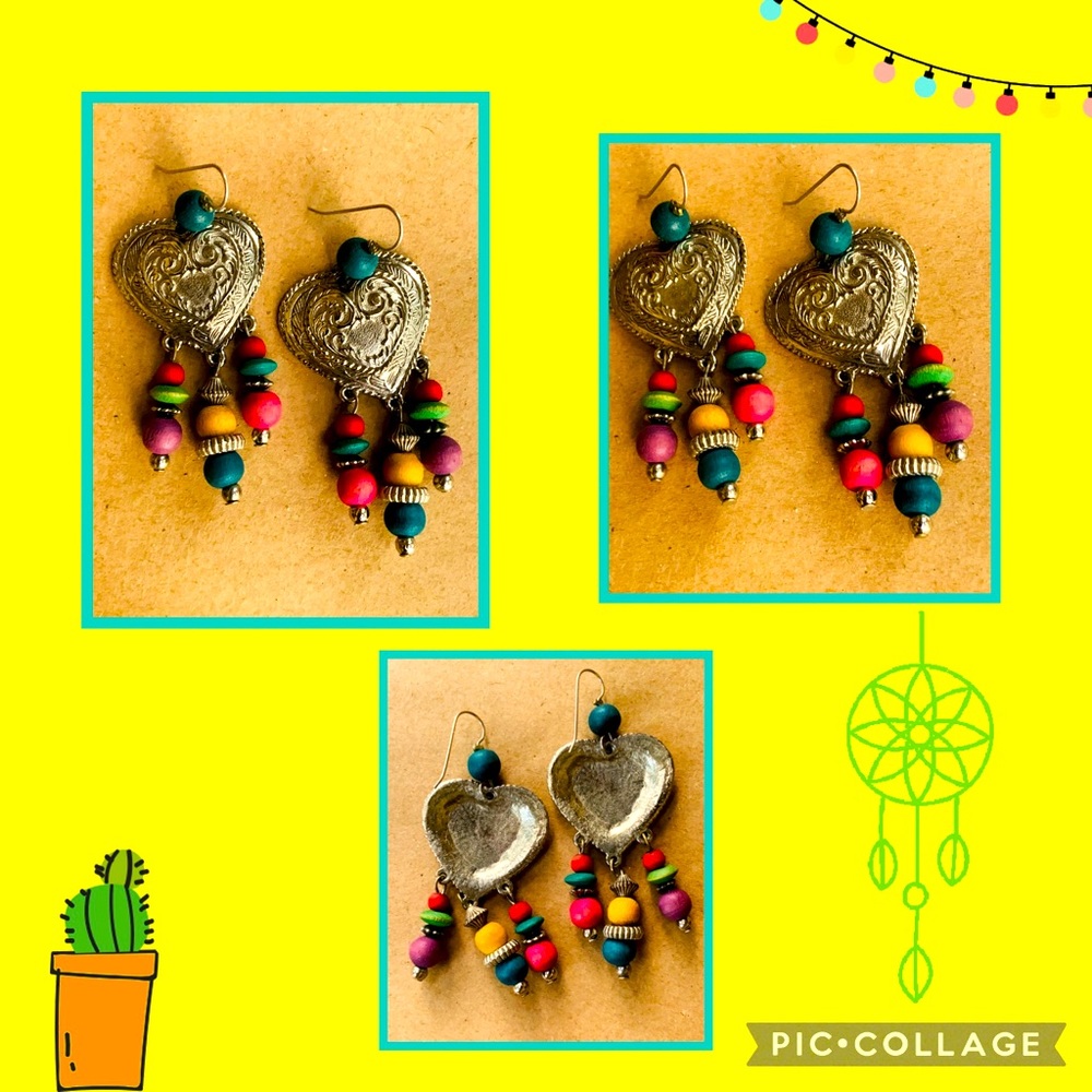 •Navajo Inspired Silver Heart Shaped Earrings•